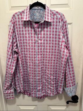 Bugatchi Pink & Lavender Gingham Button-Down Shirt with Floral Trim